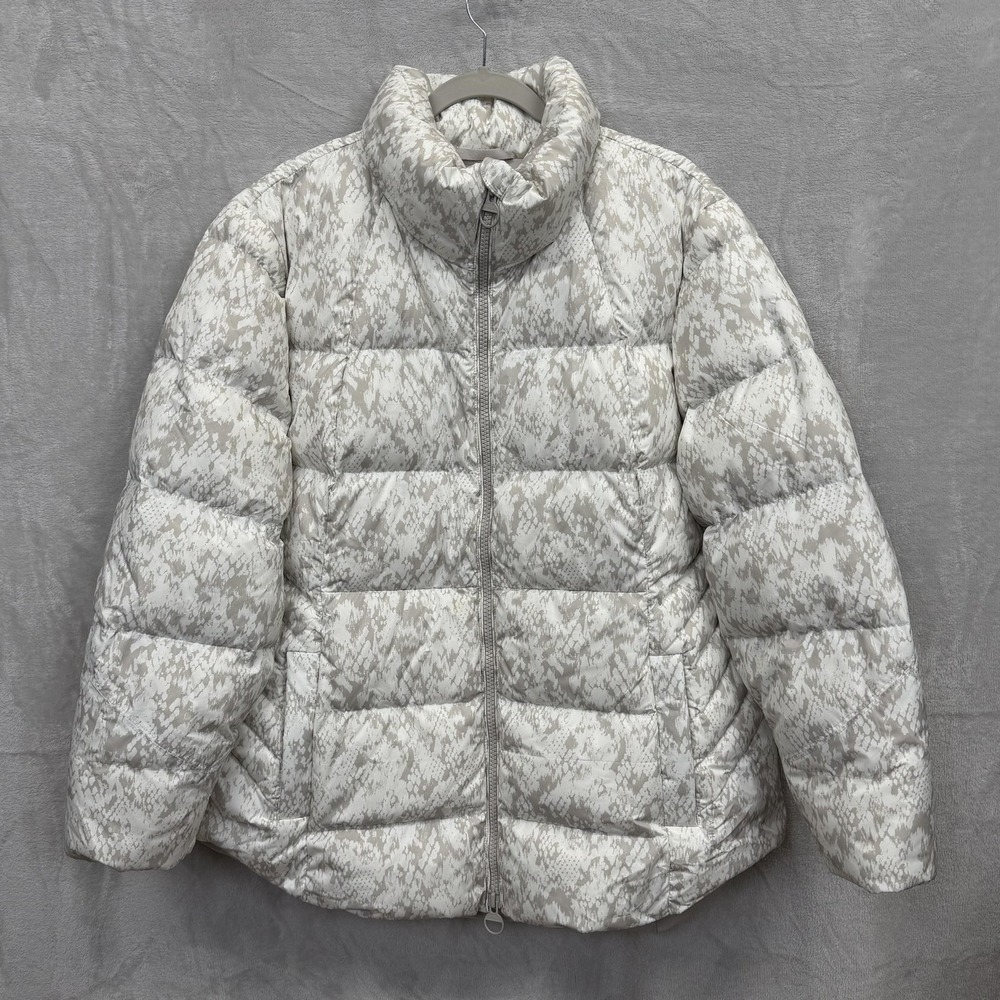 Athleta Jacket Womens 2X Beige Camo Downtown Printed Puffer Full Zip Down Warm
